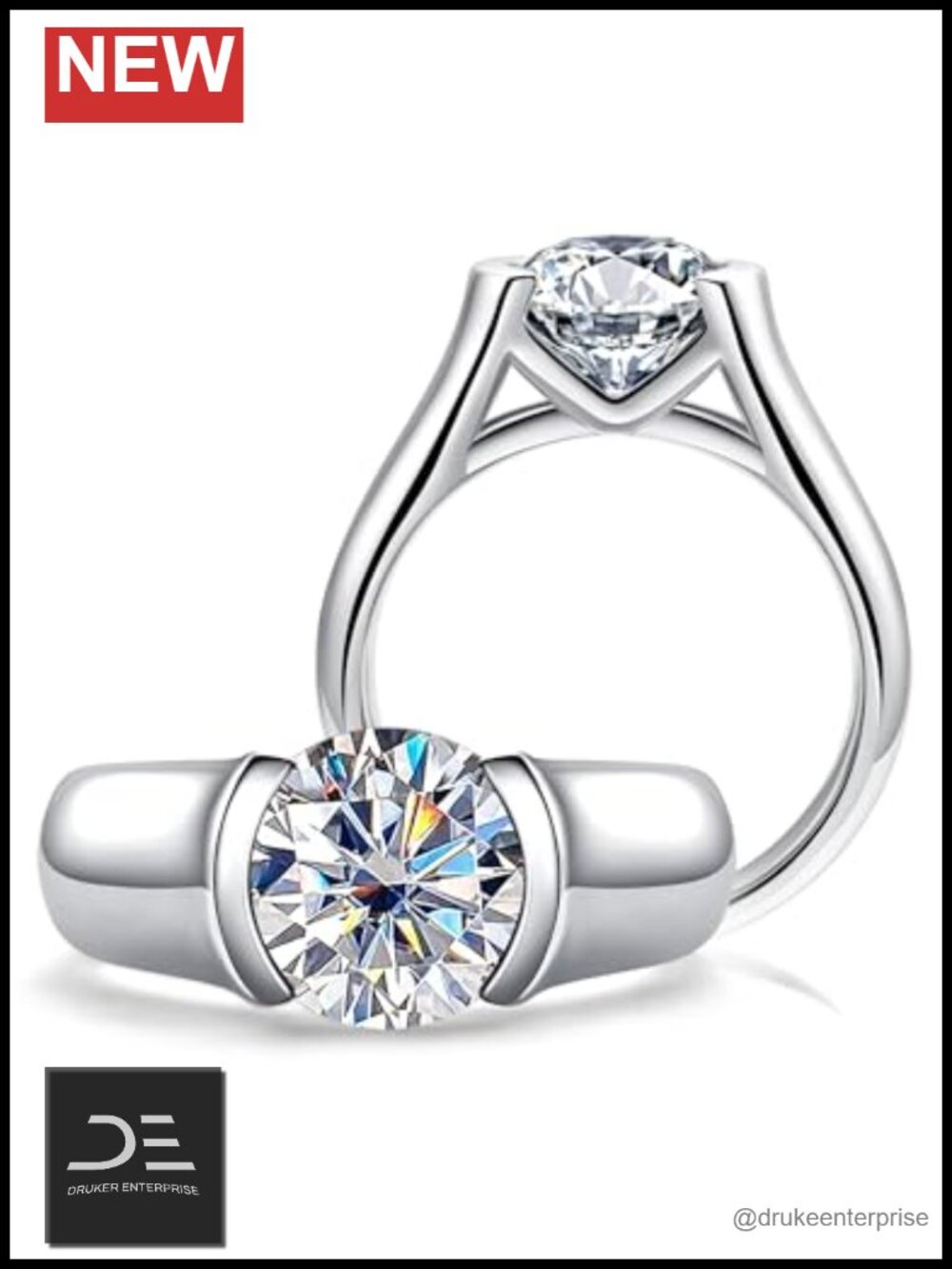 3 Carat Moissanite Ring Half Bezel Platinum Plated Silver Promise Engagement